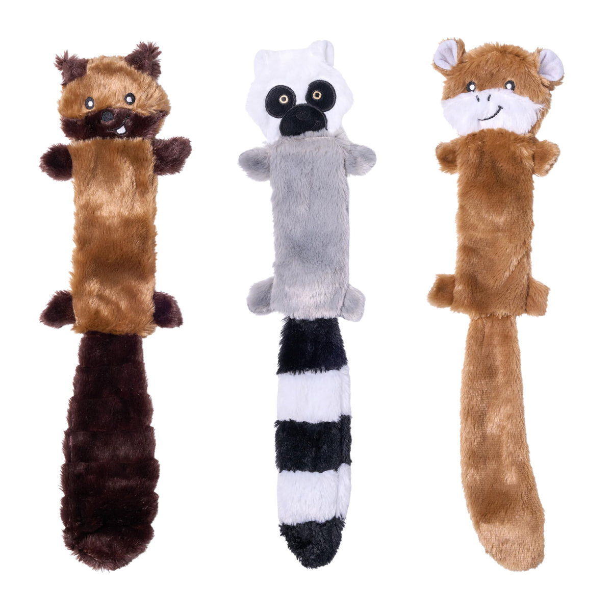 ZippyPaws Skinny Peltz - No Stuffing Dog Toy Pack to Keep Them Busy, for Medium and Large Dogs, Squeaky Pet Toys, Unstuffed Chew Toys, Soft Plush Variety Pack, Fox, Raccoon, and Squirrel - 18"