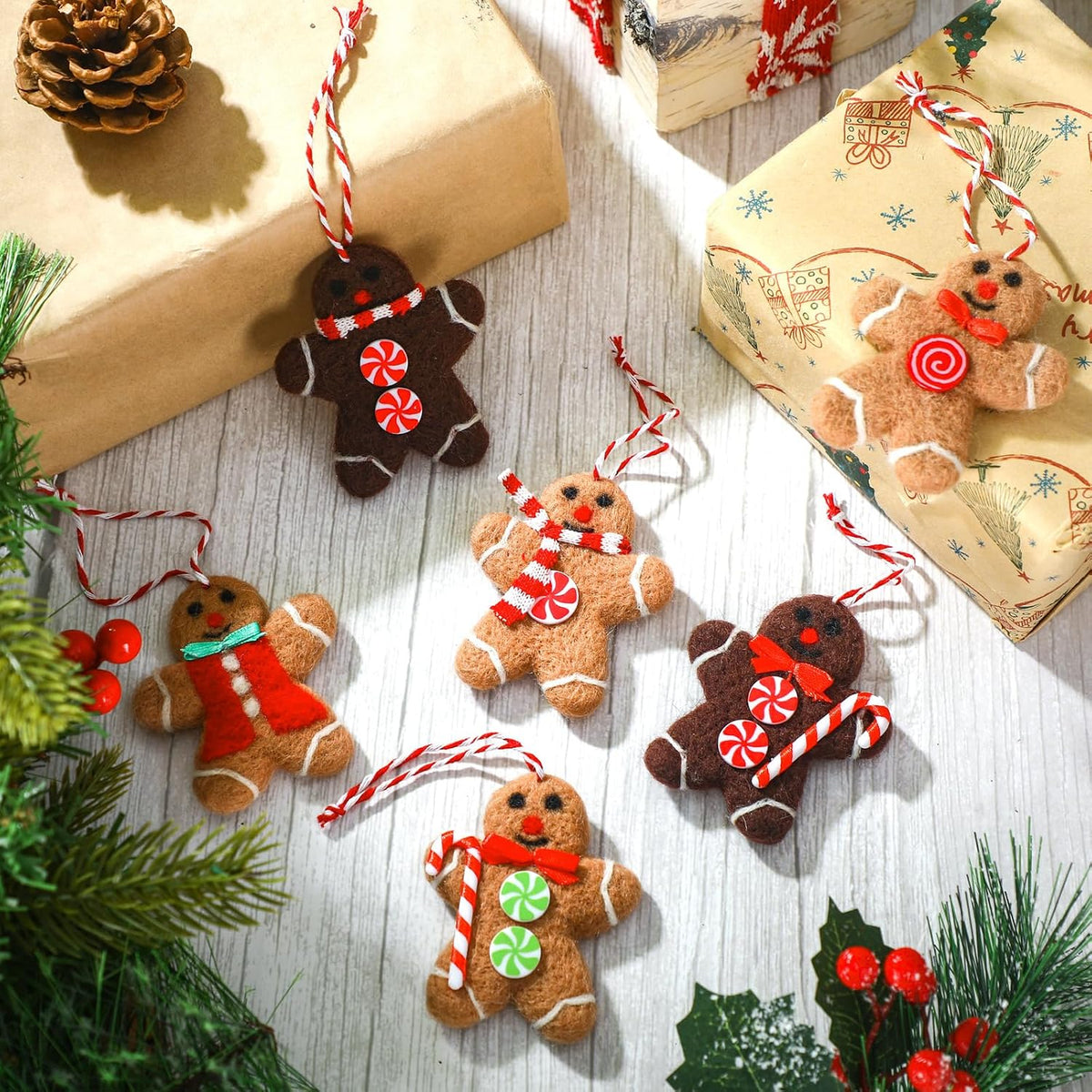 Mindsoft 12 Pcs Gingerbread Man Christmas Tree Ornaments Wool Felt,Brown