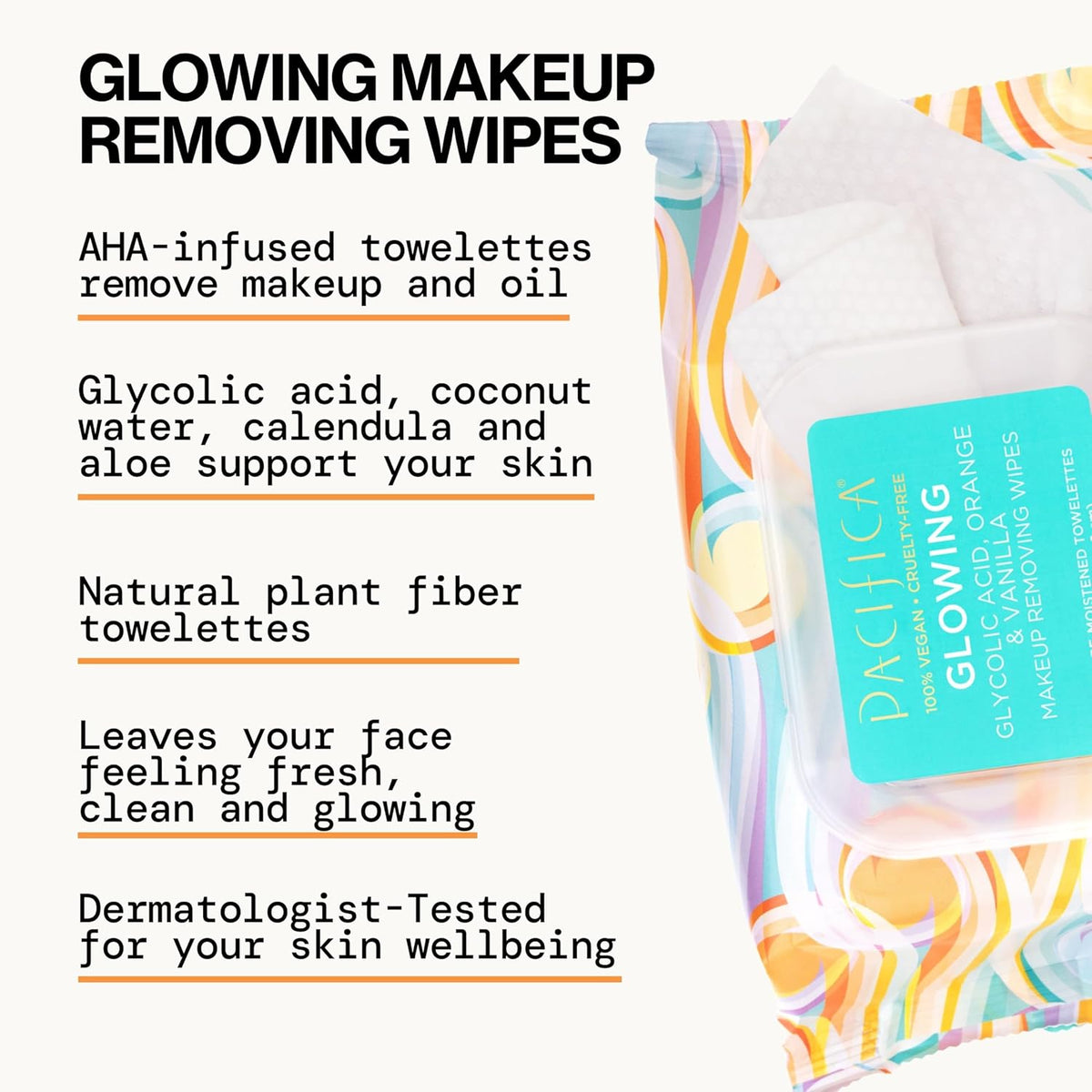 Pacifica Vegan Face Cleansing Wipes, Makeup Remover Wipes w/Glycolic Acid, Aloe Vera & Coconut Water Exfoliating & Hydrating Facial Towelettes for All Skin Types (120 Count) Clean Beauty Cruelty-Free