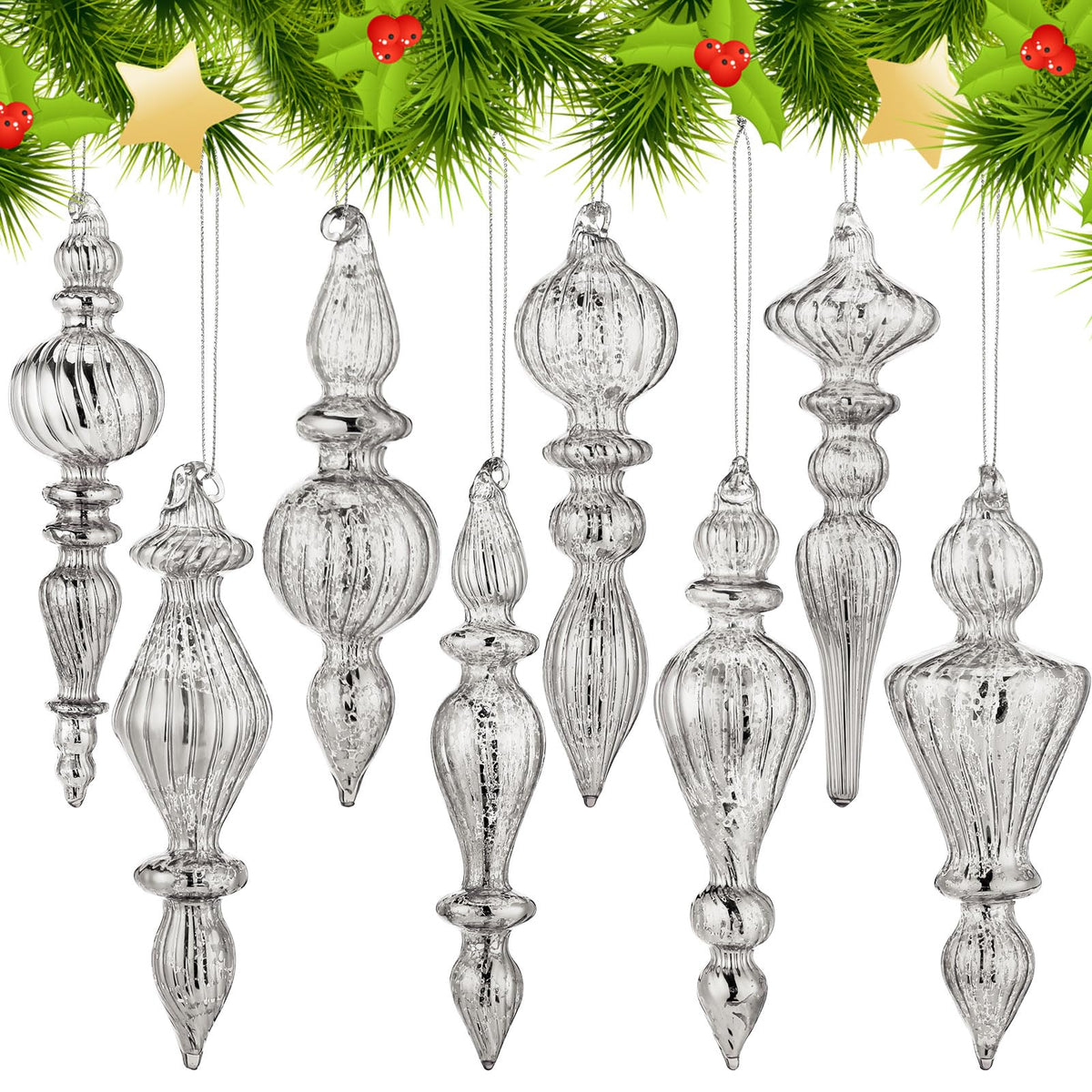 Mifoci 8 Pcs 6 Inch Mercury Glass Finial Christmas Ornaments,Red