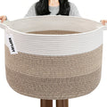 Large Woven Blanket Basket,65L Cotton Rope Laundry Basket Hamper with Handles, Decorative Nursery Basket Storage Bin for Toys, Clothes Organizer, Living Room, Bedroom, Bathroom, White & Brown