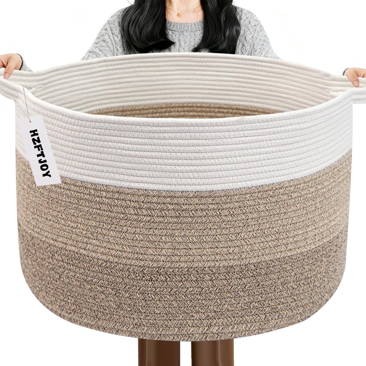 Large Woven Blanket Basket,65L Cotton Rope Laundry Basket Hamper with Handles, Decorative Nursery Basket Storage Bin for Toys, Clothes Organizer, Living Room, Bedroom, Bathroom, White & Brown
