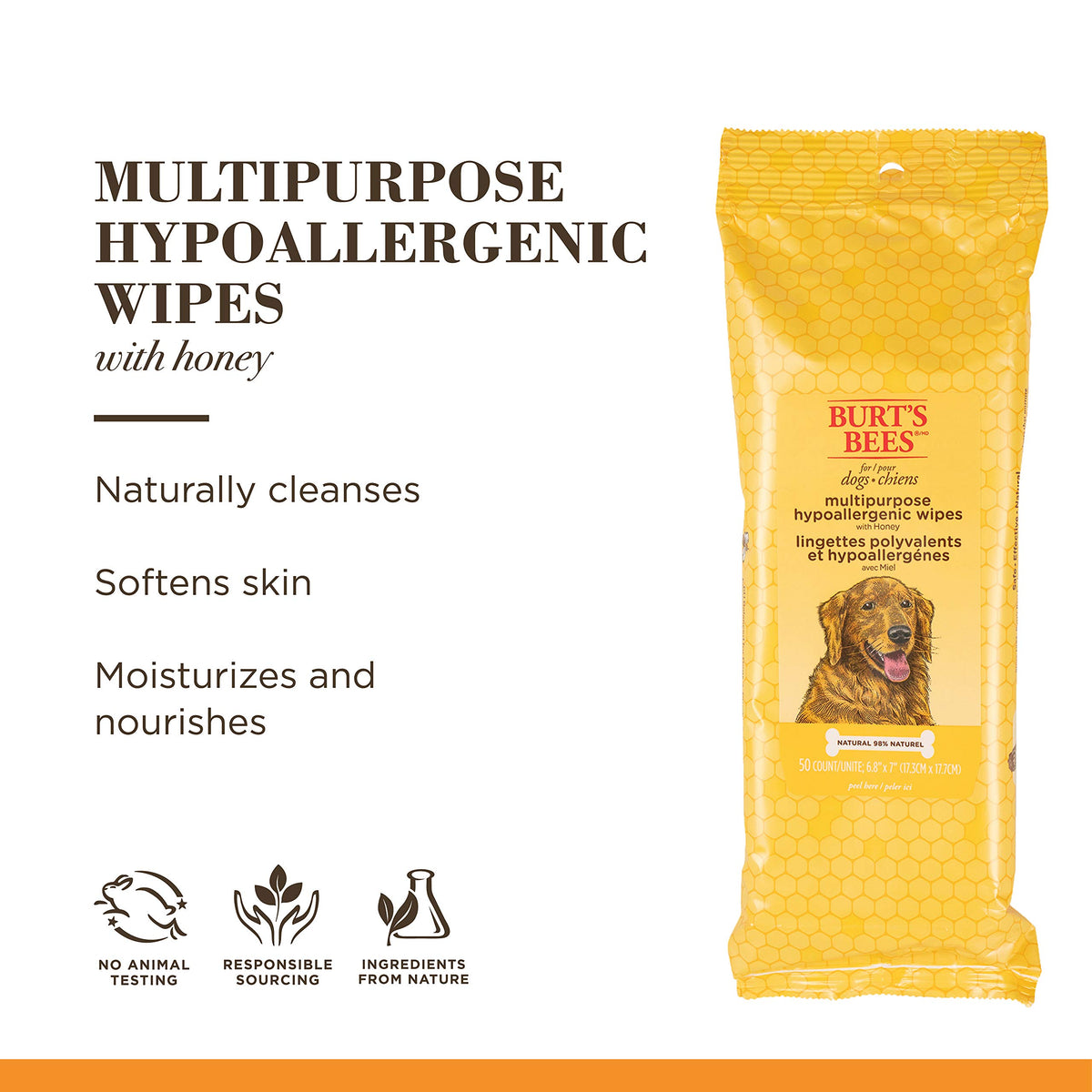 Burt’s Bees for Pets Multipurpose Dog Wipes, Honey and Grapefruit Scent - Hypoallergenic, 98% Natural Origin Wipes That Cleanse and Deodorize, Gentle Formula, 100 Count