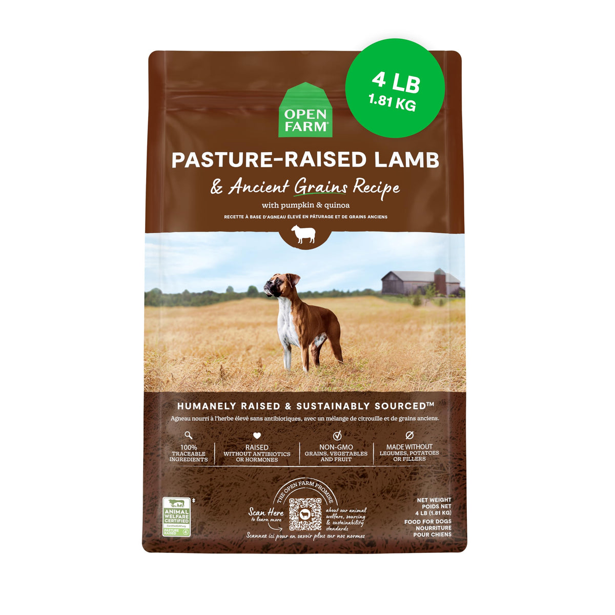 Open Farm, Ancient Grains Dry Dog Food, Protein-Rich & Nutrient Dense, 90% Animal Protein Mixed with Non-GMO Fruits, Veggies and Superfoods, Grass-Fed Beef Recipe, 4lb Bag