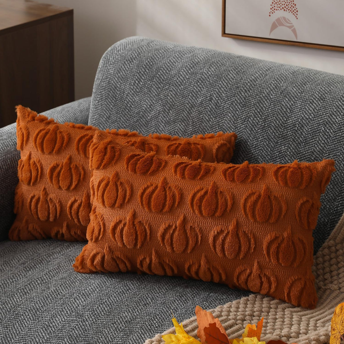 DFXSZ Fall Pillow Covers 18x18 2Pcs Rust Pumpkin Fall Decorations for Home | Fall decor Set of 2 Throw Pillow Cases Soft Plush Faux Fur Wool Couch Cushion for Chair Sofa Bedroom Living Room Home Decor