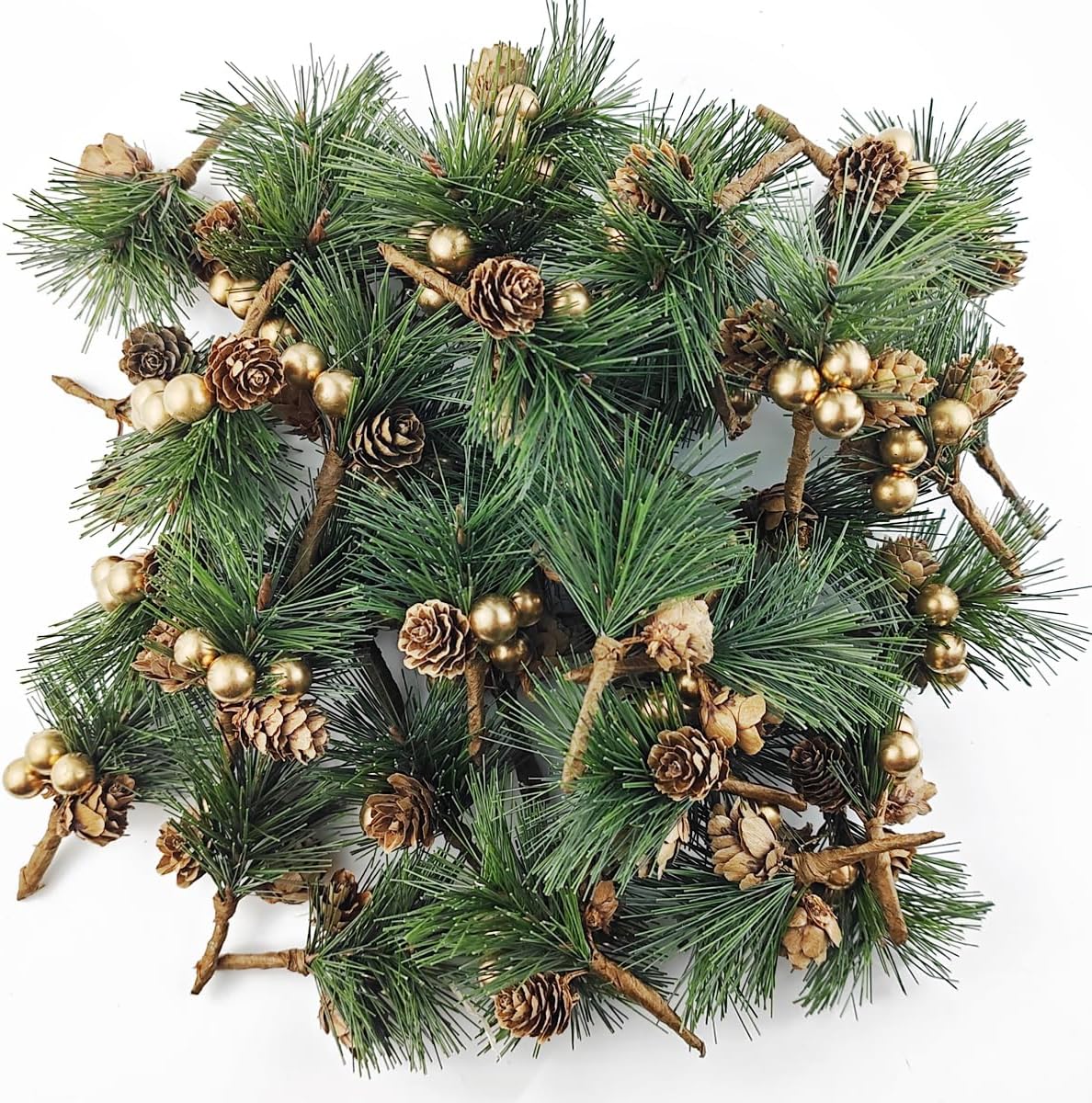 25PCS Artificial Pine Picks, Pine Needles Branches with Gold Berry Stems, Small Fake Berries Pinecones Branches for Crafts Christmas Tree DIY Garland Holiday Wreath(Gold)