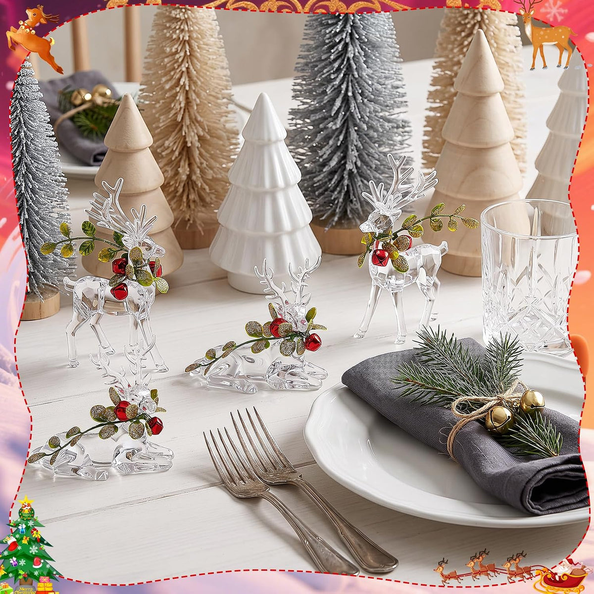 4 Pcs Christmas Reindeer Figurine Ornaments with Branch Wreath Transparent