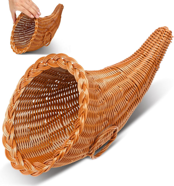 Dandat 1 Pcs Fall Cornucopia Basket Centerpiece 13.78 Inch, Imitation Vine