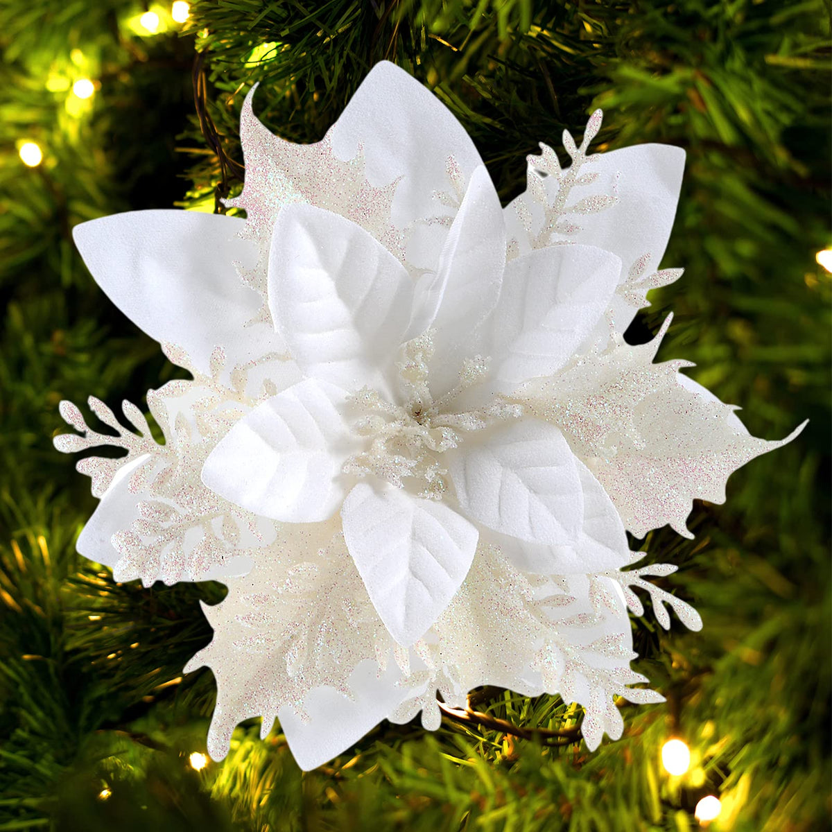 FurRain Christmas Poinsettia Artificial Flowers Decorations 5.5" Christmas Tree Wreaths Garland Decoration 12 Pcs Glitter Flowers Picks Decor for Xmas New Year Wedding Party Ornaments (Pink)