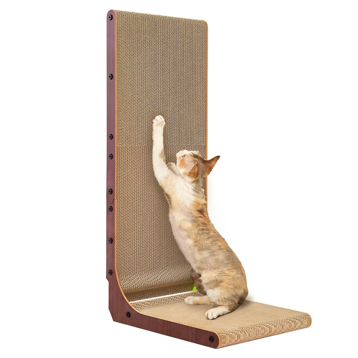 EHEYCIGA Cardboard Cat Scratcher for Indoor Kitten Cats, 19 Inch L Shaped Vertical Cat Scratching Board with Ball Cat Toy, Small Cat Scratcher Pad, Brown