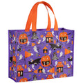 Loveinside 13" Large Halloween Reusable Gift Bag, Vintage Black Cat & Witch Hat Pattern Recycled Gift Bag with Handles for Kids Halloween Party, Trick or Treat, 13" x 5" x 10", 1 Pcs