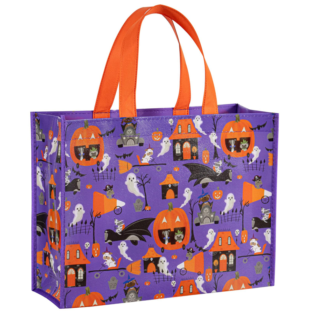 Loveinside 13" Large Halloween Reusable Gift Bag, Vintage Black Cat & Witch Hat Pattern Recycled Gift Bag with Handles for Kids Halloween Party, Trick or Treat, 13" x 5" x 10", 1 Pcs