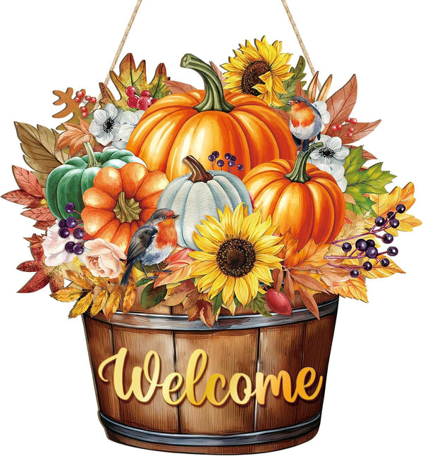 Fall Decoration Welcome Wreaths for Front Door, Wooden Hello Fall Pumpkin Thanksgiving Door Sign Ornament, Wood Mason Jars Maple Leaf Flower Farmhouse Hanging for Autumn Harvest Porch Home Decor
