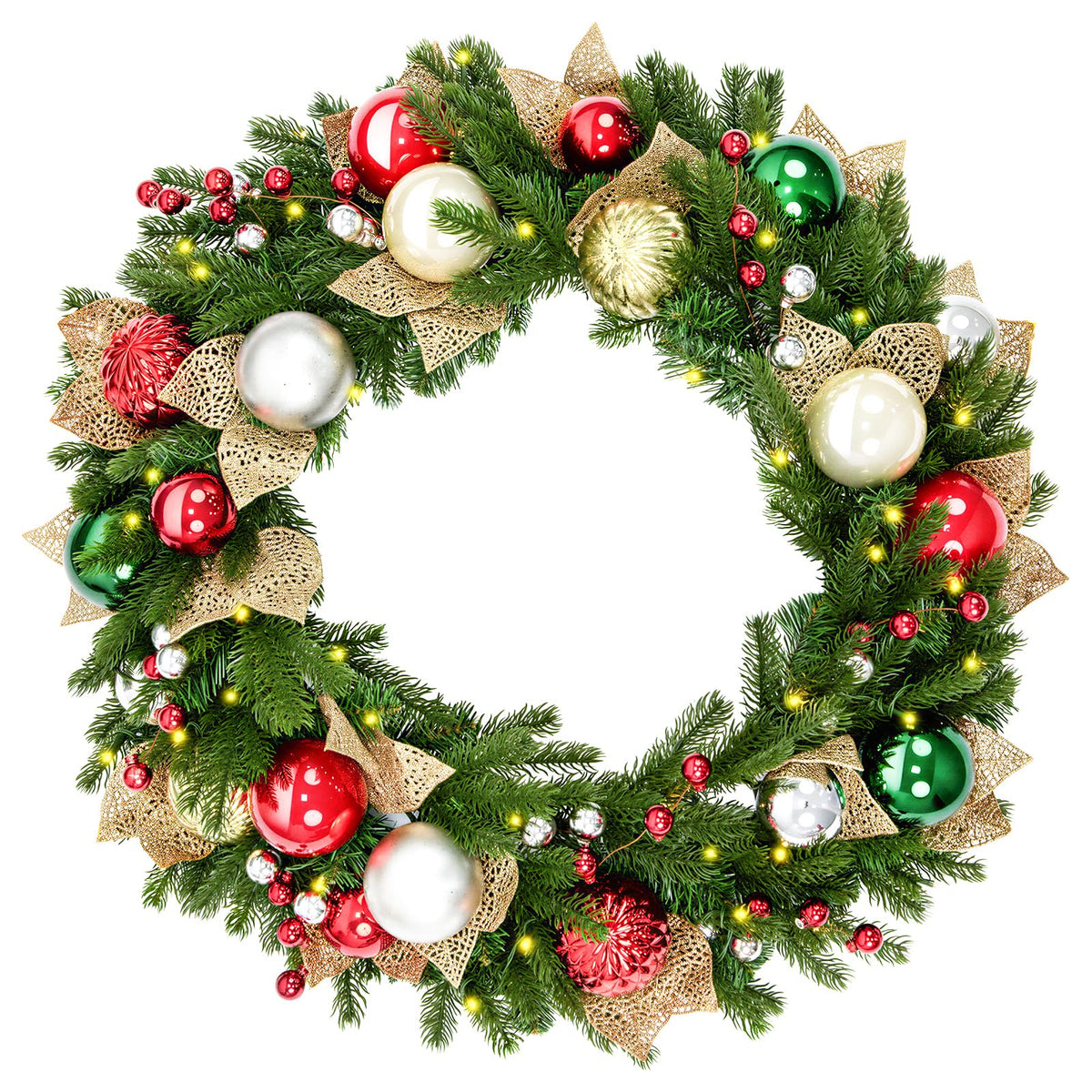 Hykolity 28 Inch Pre-Lit Botanical Christmas Wreath with 50 Warm White LEDs and Timer, Battery Operated Artificial PE & PVC Wreath with Ornaments, Pinecones and Layered Gold Leaves for Front Door