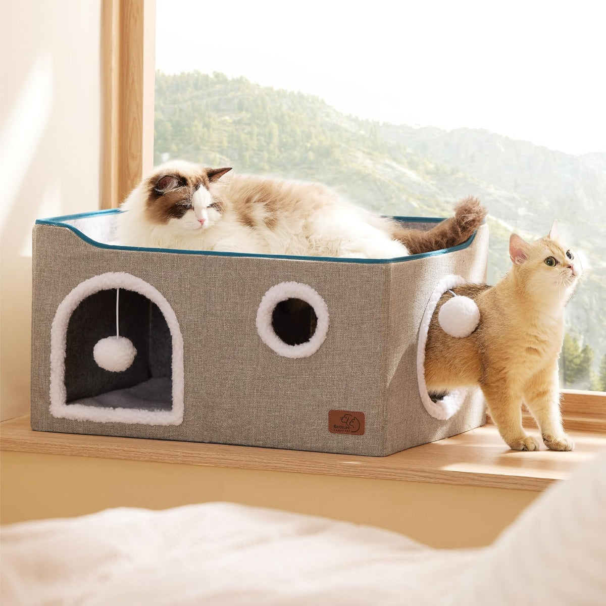 Bedsure Extra Wide Cat House Bed with Fluffy Ball and Scratch Pad,Grey | 23.6x16.9x13 in,Indoor Cat Cave for Multiple Pets, Foldable Cat Hideway Cube for Sleeping Large Cat and Kitten