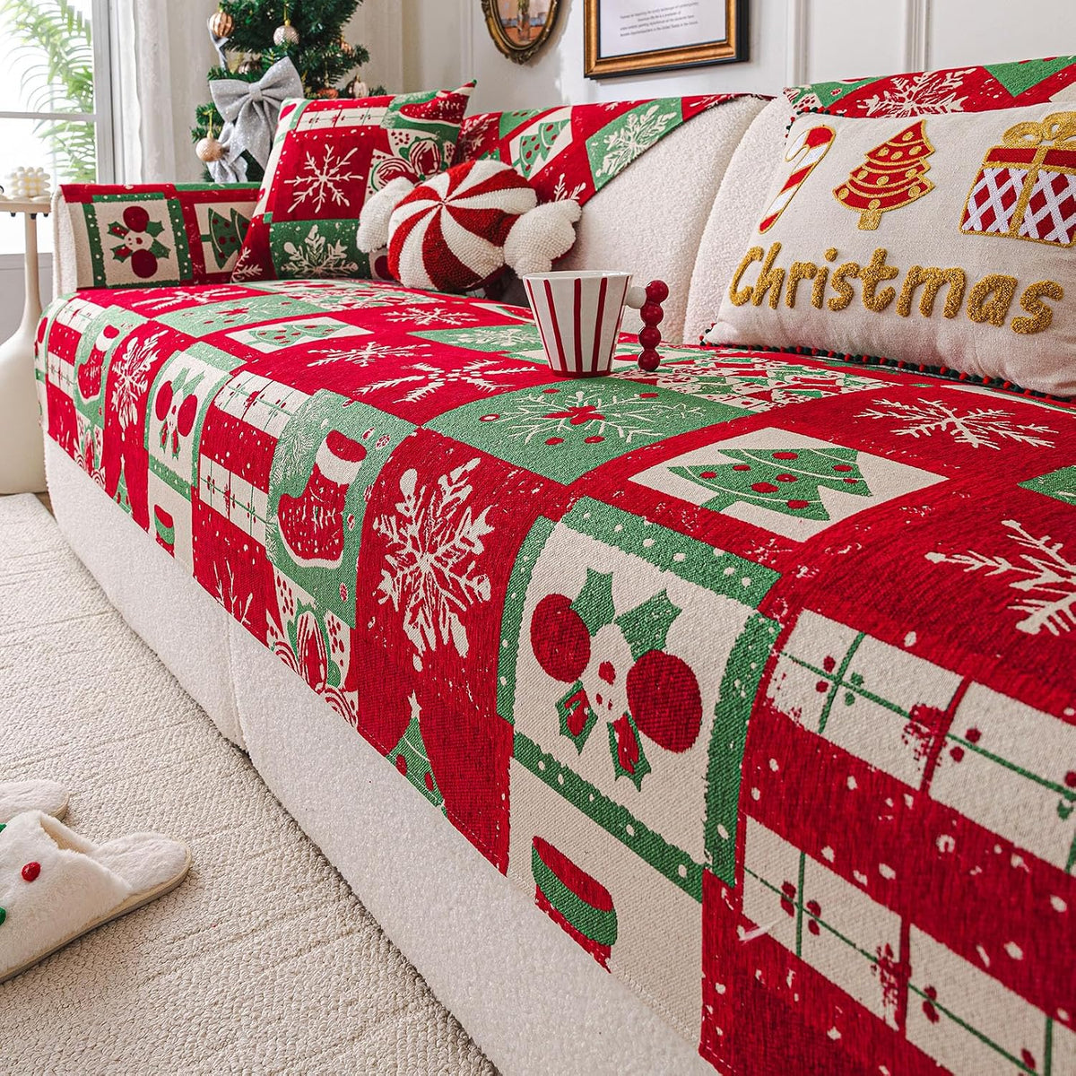 vctops Christmas Couch Cover, Christmas Decorations Soft Chenille Checkered Sofa Cover Washable Non-Slip Sectional Couch Cover for Dogs, Children, Pets Furniture Protector (Red,28"x28")