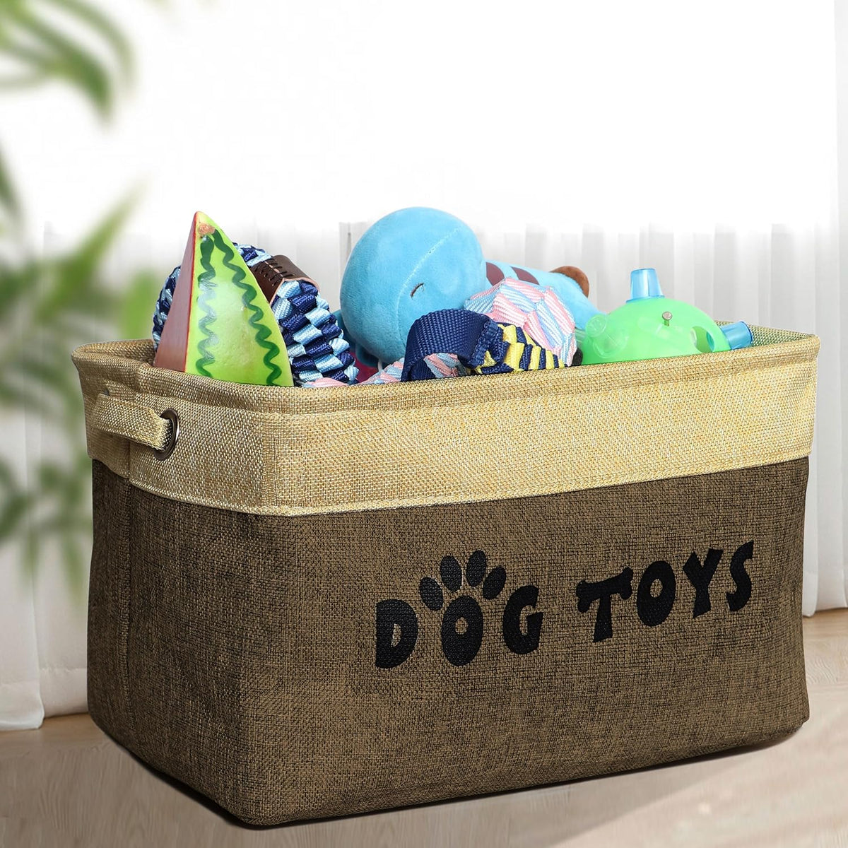 PET ARTIST Dog Toy Basket, Large Collapsible, Brown, M: 15"x11"x9" | Dog Toy Bin Box, Comfortable Handles, Large Pet Toy Storage Organizer, For Accessories, Toys, Coat & Clothing, Blanket Leash