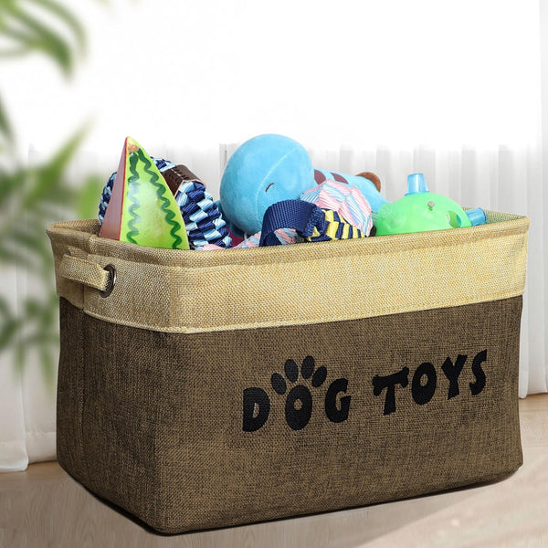 PET ARTIST Dog Toy Basket, Large Collapsible, Brown, M: 15"x11"x9" | Dog Toy Bin Box, Comfortable Handles, Large Pet Toy Storage Organizer, For Accessories, Toys, Coat & Clothing, Blanket Leash