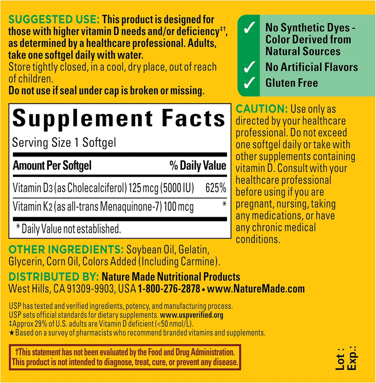 Nature Made Vitamin D3 K2 Supplement, 30 Softgels | Vitamin D 5000 IU (125 mcg) for Immune, Bone, Teeth and Muscle Health Support, 30 Day Supply