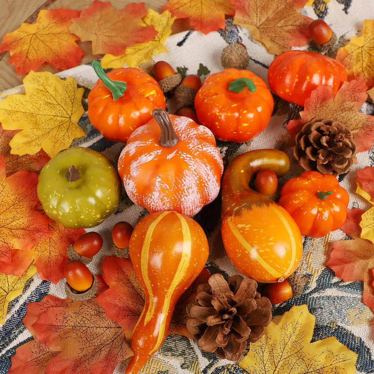 winemana Fall Decorations for Home Mini Pumpkins Gourds & Leaves Set