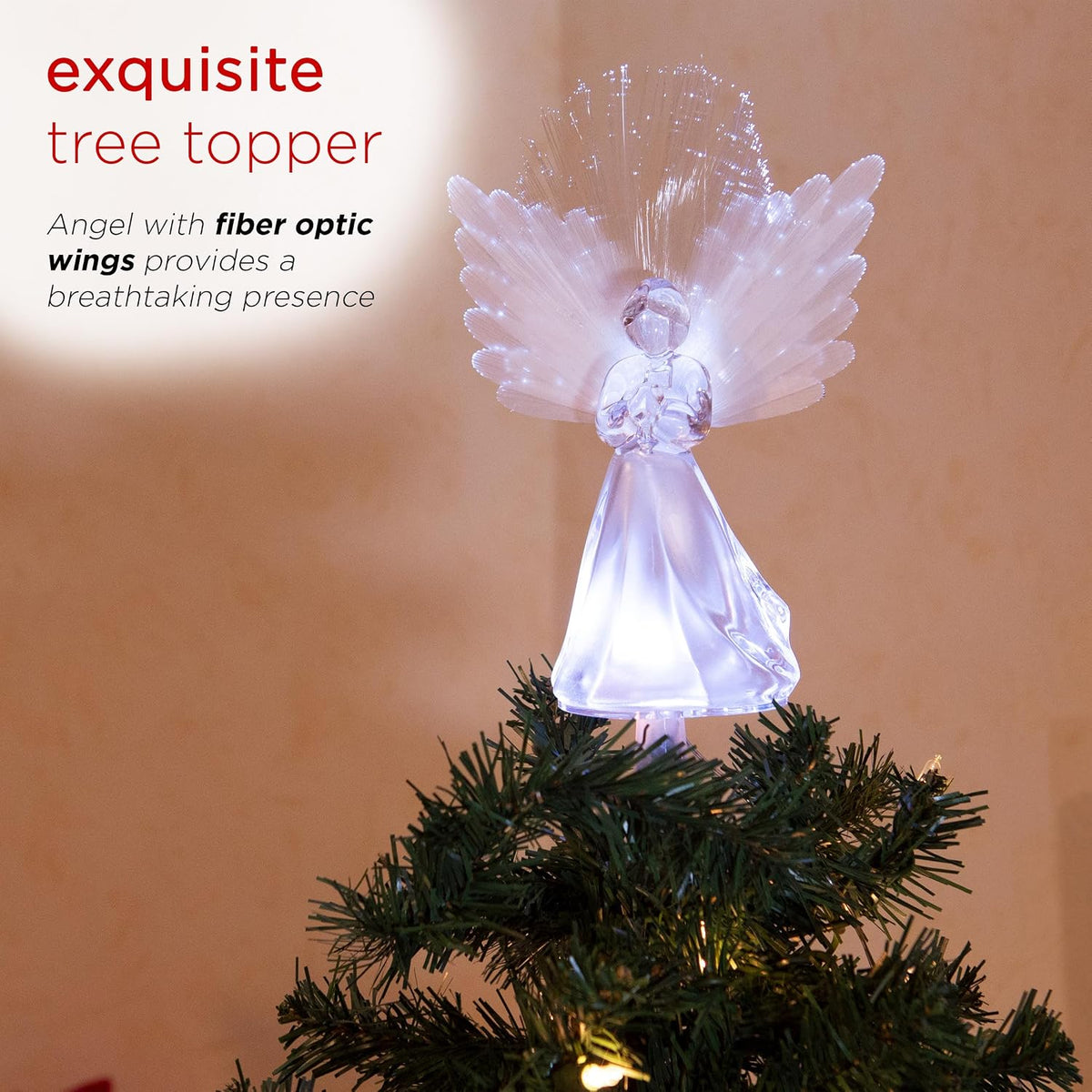 Alpine Corporation 11" Tall Angel Tree Topper with Fiber Optic Wings and LED Light, with Timer Function, Durable Plastic, and Radiant Glow for Holiday Christmas Decoration