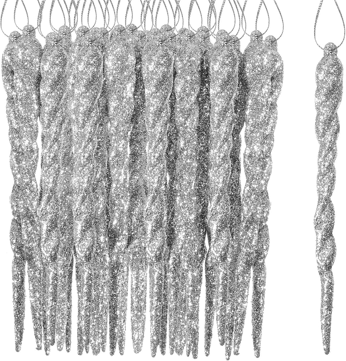 Aoriher 40 Pieces Christmas Glitter Icicle Ornaments, Silver