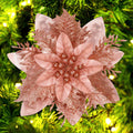 FurRain Christmas Poinsettia Artificial Flowers Decorations 5.5" Christmas Tree Wreaths Garland Decoration 12 Pcs Glitter Flowers Picks Decor for Xmas New Year Wedding Party Ornaments (Pink)