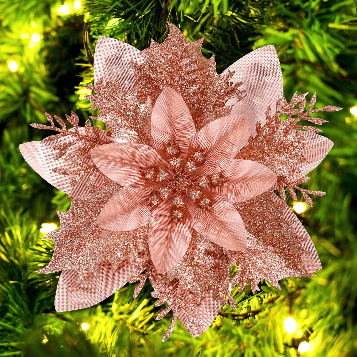 FurRain Christmas Poinsettia Artificial Flowers Decorations 5.5" Christmas Tree Wreaths Garland Decoration 12 Pcs Glitter Flowers Picks Decor for Xmas New Year Wedding Party Ornaments (Pink)