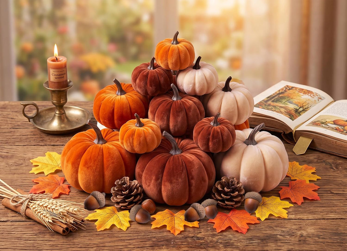 30 Pcs Velvet Fall Pumpkins Set with Leaves, Acorns & Pine Cones