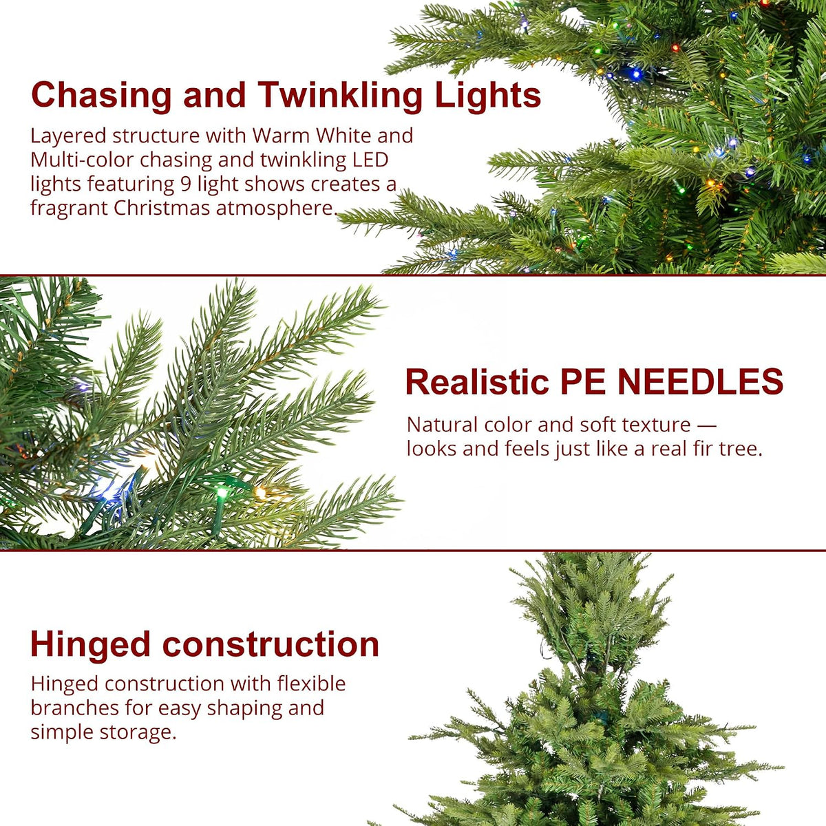 Glitzhome 15ft Prelit Artificial Christmas Tree, Vibrant Evergreen Fir with 5,000 Warm White/Multi-Color Chasing and Twinkling Lights, 13,459 PE&PVC Branch Tips, 9 Function w/Foot Pedal, Simple Setup