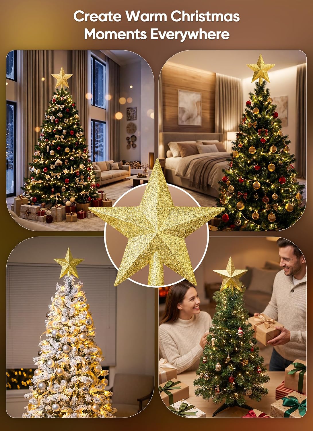 Brightown Gold Glitter Christmas Tree Topper Star, Sparkling Holiday Decor