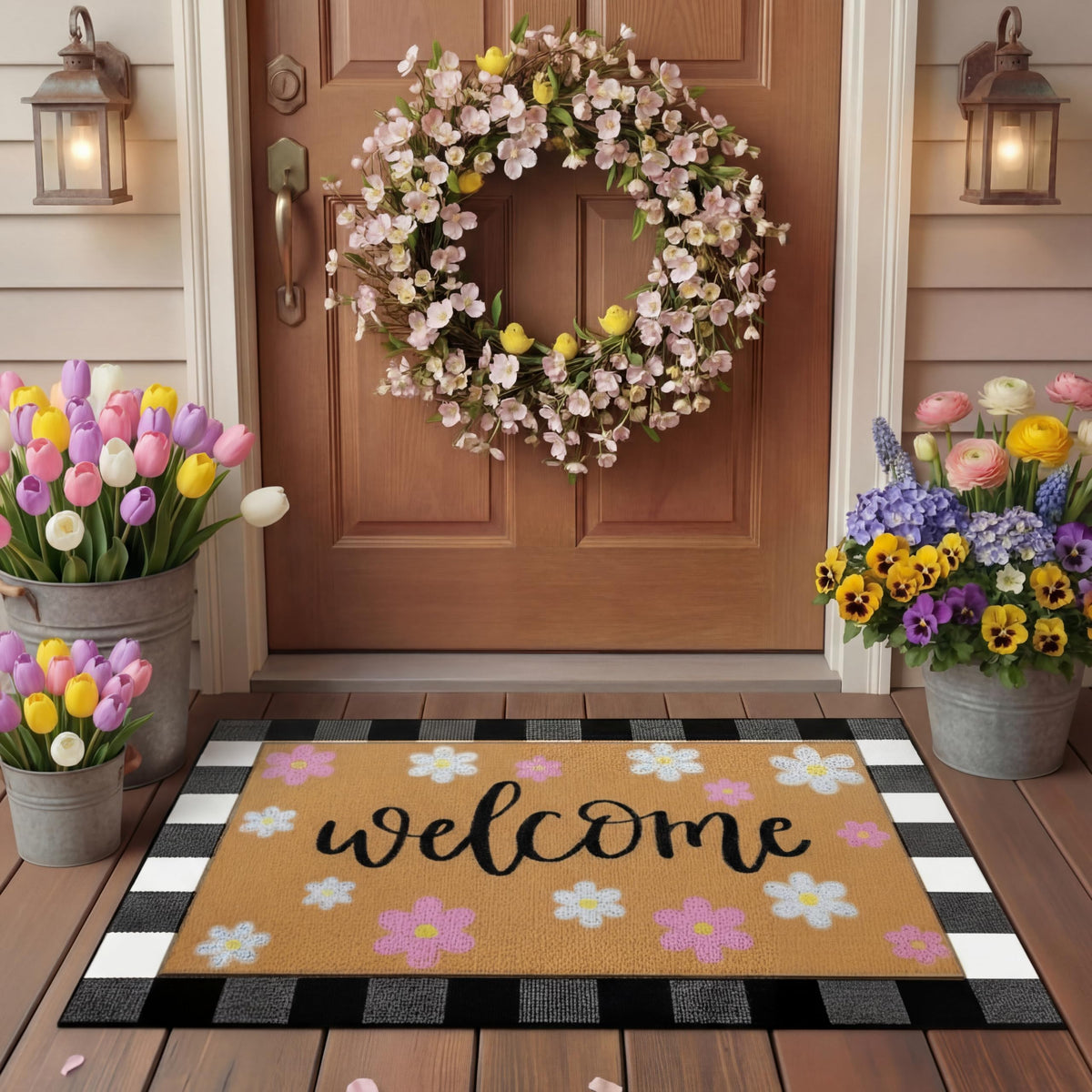 Tinideya 2 23.6 X 35.4 Inches Plaid Ghost Red Brown | Layered Coir Doormat Set, Non Slip Backing for Outdoor Entryway, Buffalo Plaid Seasonal Design, Front Porch Home Decor
