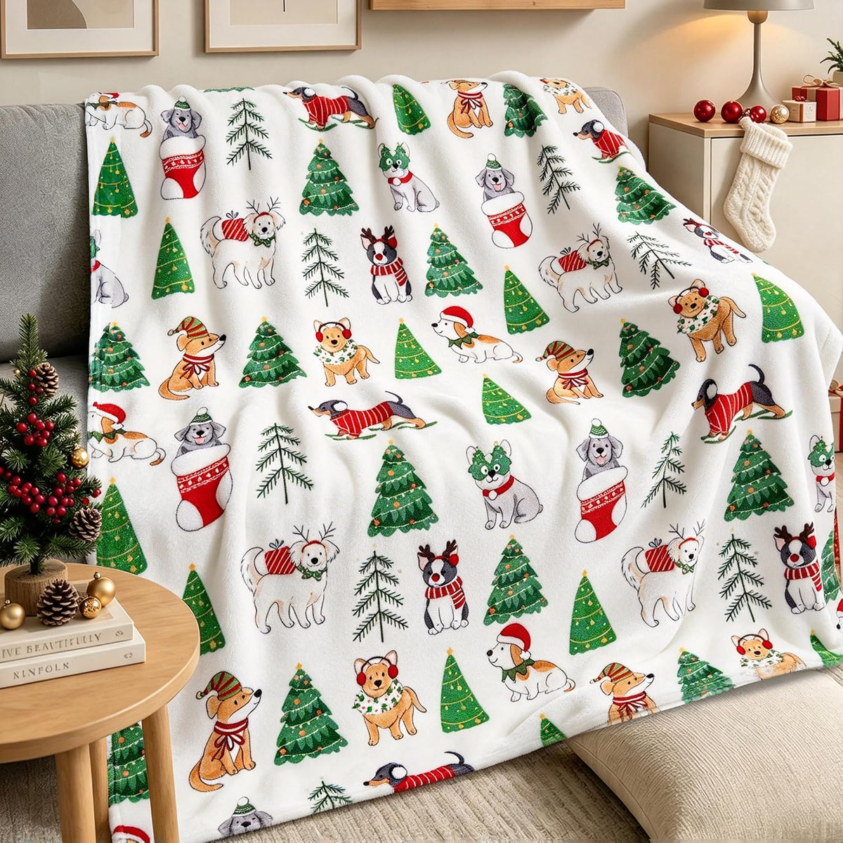 Christmas Dog Tree Blanket Soft Cozy Lightweight Xmas Throw Blanket for Couch Sofa Bed Living Room Home Decor for Boys Girls Kids Adults Gift 50x60 inch