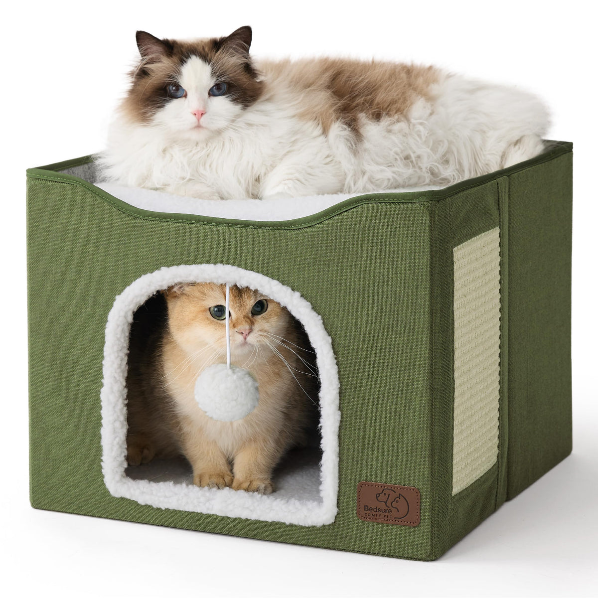 Bedsure Extra Wide Cat House Bed with Fluffy Ball and Scratch Pad,Grey | 23.6x16.9x13 in,Indoor Cat Cave for Multiple Pets, Foldable Cat Hideway Cube for Sleeping Large Cat and Kitten