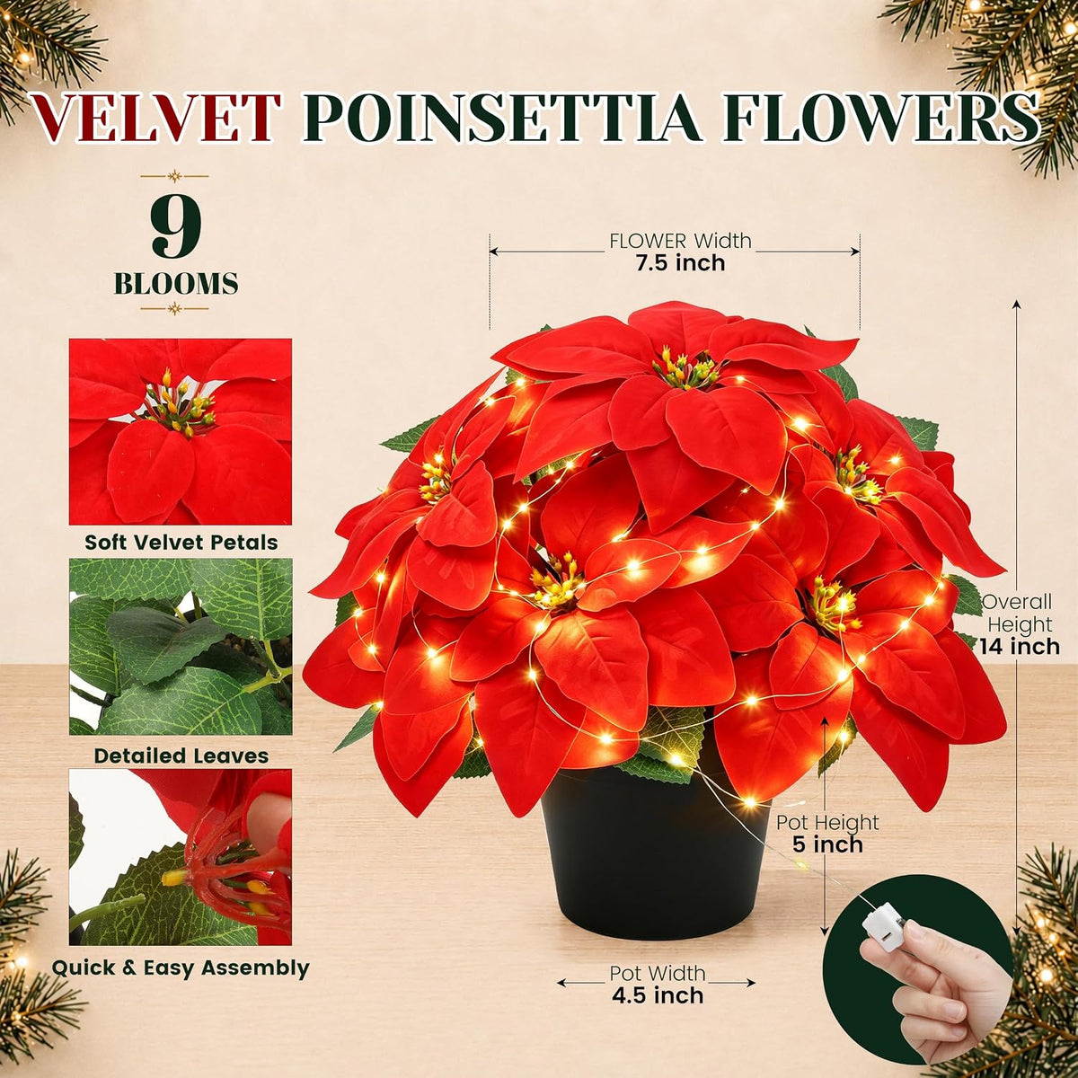 Der Rose Large Artificial Poinsettia Flowers with Lights for Outdoor, 14 in