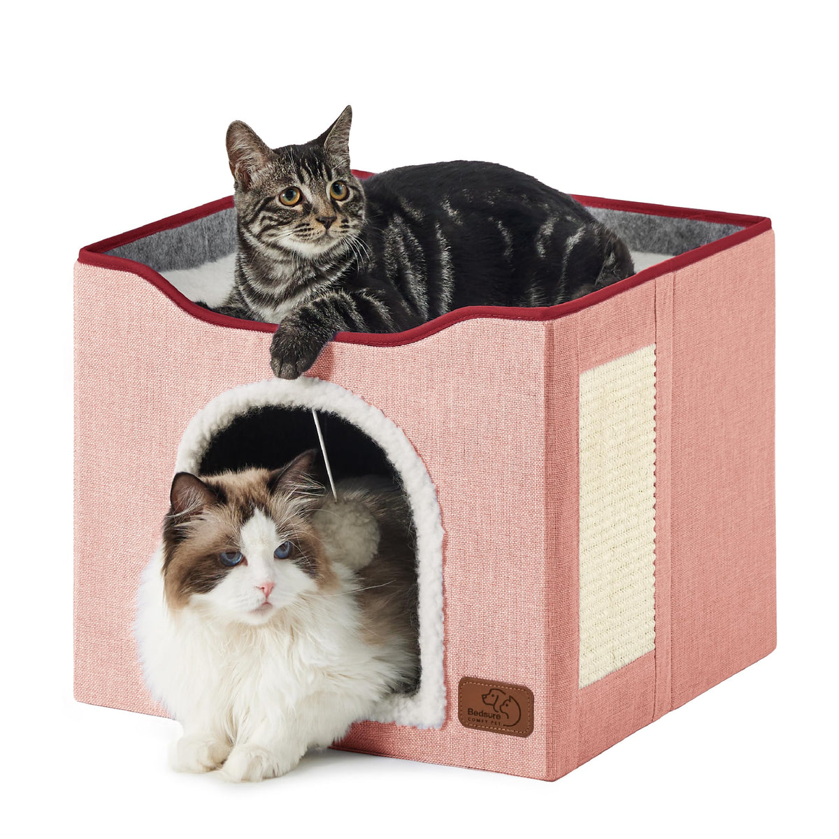 Bedsure Extra Wide Cat House Bed with Fluffy Ball and Scratch Pad,Grey | 23.6x16.9x13 in,Indoor Cat Cave for Multiple Pets, Foldable Cat Hideway Cube for Sleeping Large Cat and Kitten