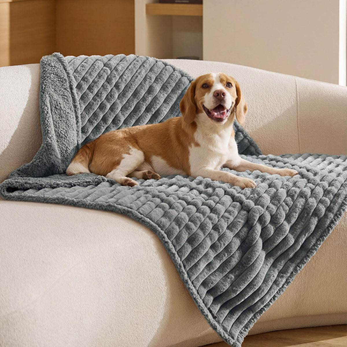 Bedsure ComfyFleece™ Waterproof Dog Blankets for Large Dogs,50x60 Cream | Soft Plush Couch Cover,Washable Corduroy Fleece for Furniture Protector,Cozy Calming Reversible Pet Blanket for Senior Dogs