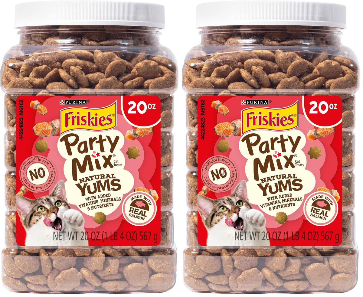 Purina Friskies Natural Cat Treats Party Mix Natural Yums With Real Salmon and Added Vitamins, Minerals and Nutrients - 20 Oz. Canister