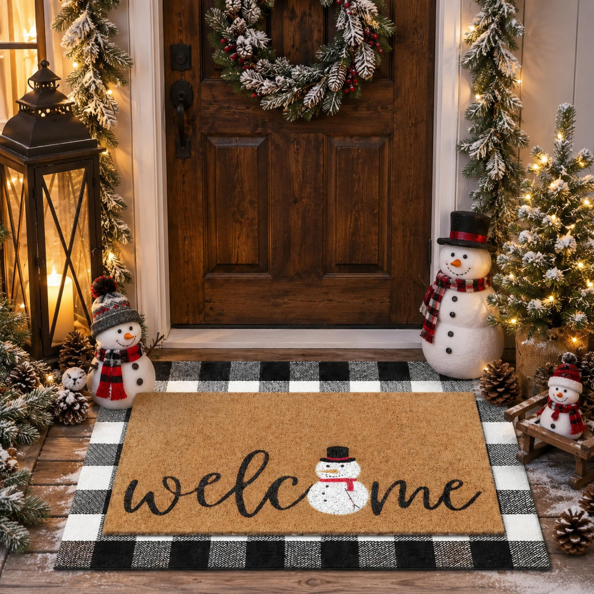 Tinideya 2 23.6 X 35.4 Inches Plaid Ghost Red Brown | Layered Coir Doormat Set, Non Slip Backing for Outdoor Entryway, Buffalo Plaid Seasonal Design, Front Porch Home Decor