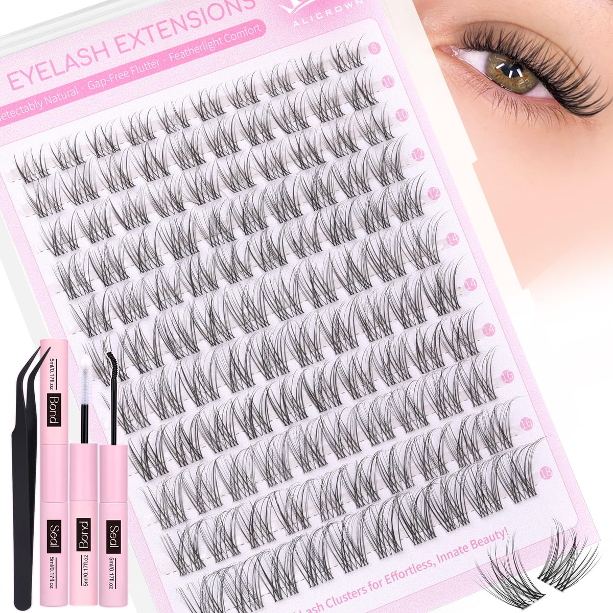 Natural Lash Clusters Kit Wispy Eyelash Clusters Kit with Bottom Eyelashes C Curly Lash Extension Kit with Invisible Band DIY Individual Lashes Kit with Lash Bond and Seal 132Pcs
