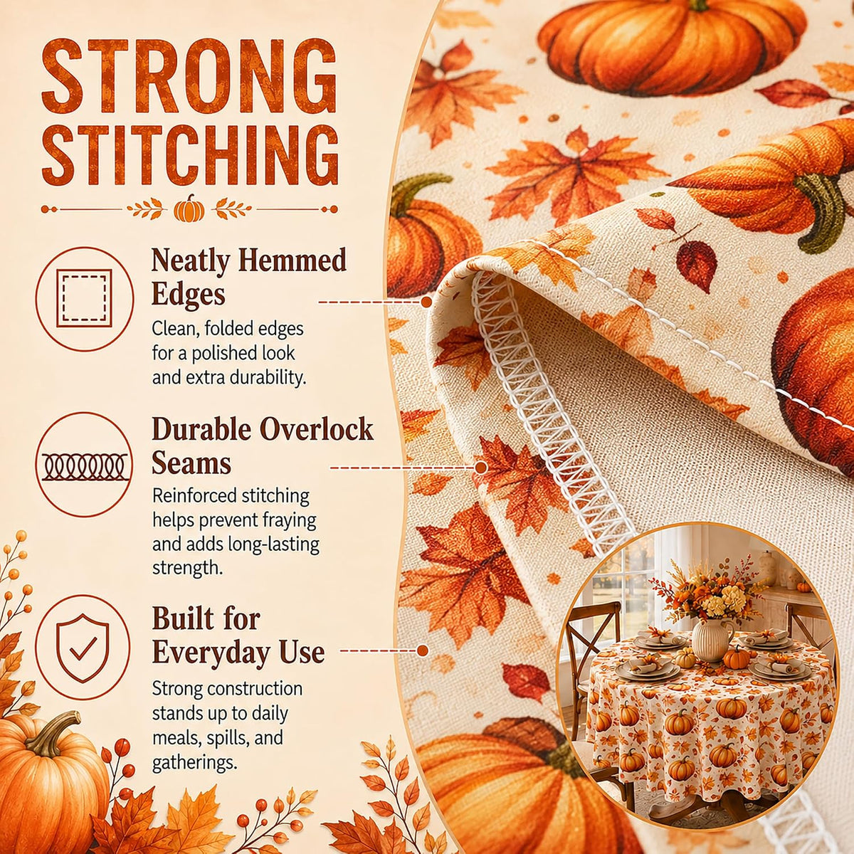 Fall Tablecloth Round 60 Inch Pumpkin Maple Leaf Thanksgiving Table Cloth