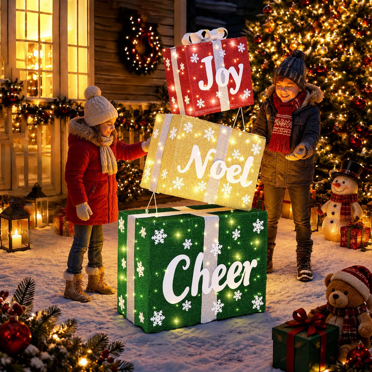 3D Snowman Gift box Outdoor Christmas Decorations with Timer&Remote Control