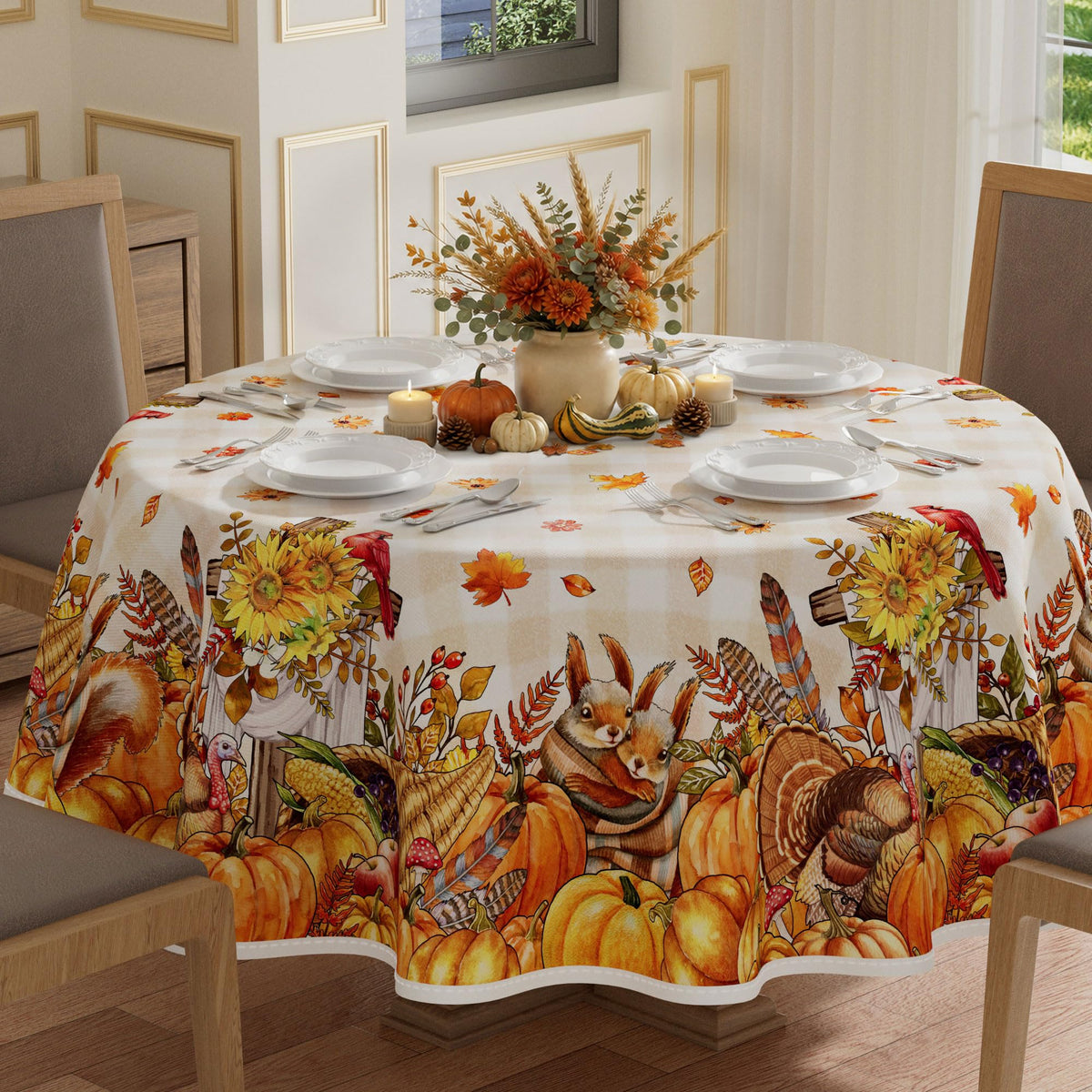 XCHI Fall Harvest Squirrel Turkey Maple Leaves Cross Pumpkin Thanksgiving Tablecloth Rectangle Table Cloth Table Covers for Indoor Dining Home Party Decorations 60x84 Inch