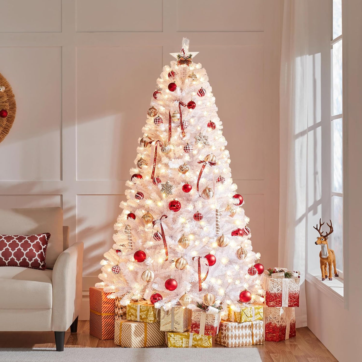 Yaheetech 6ft Pre-lit Christmas Tree with 300 Warm White Lights, White