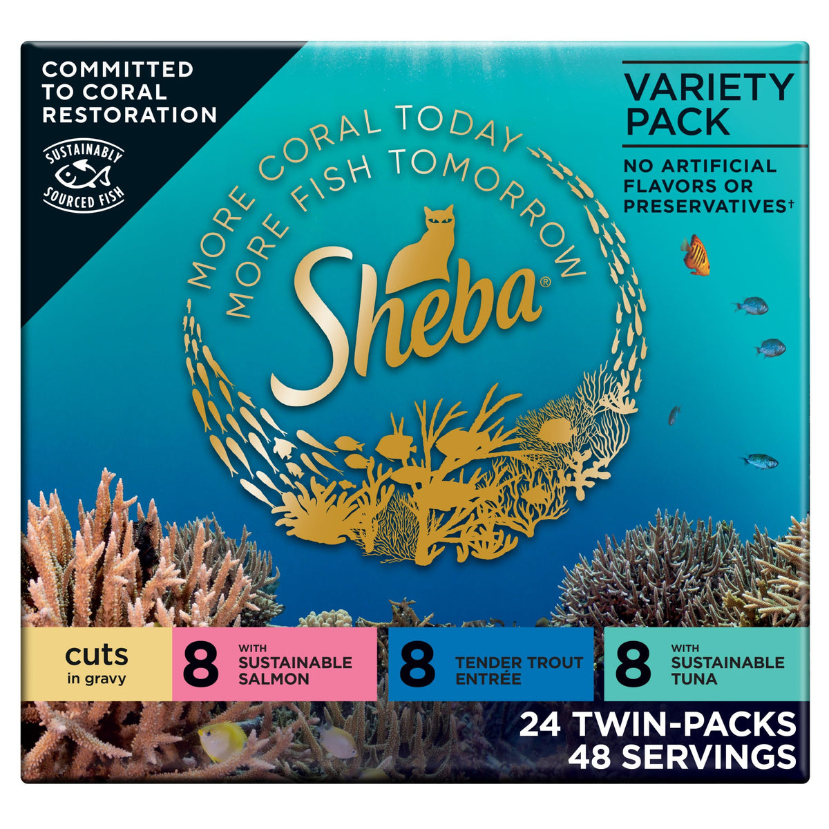 Sheba Perfect Portions Wet Cat Food Cuts in Gravy, Cat Food Wet Recipe, Roasted Chicken Entree, with Sustainable Salmon, Tender Turkey Entree, 2.6 oz. Twin-Pack Trays (24 Count, 48 Servings)