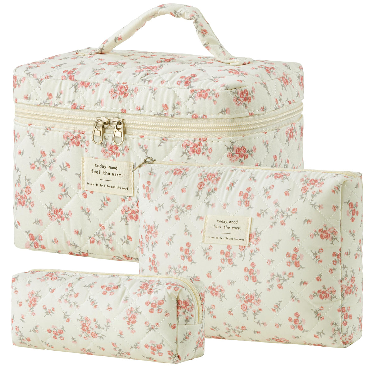 HBselect Quilted Makeup Bag, 3PCS Cotton Large Travel Makeup Bag, Cute Floral Coquette Make up Bag Cosmetic Bag Toiletry Bag for Women Girls