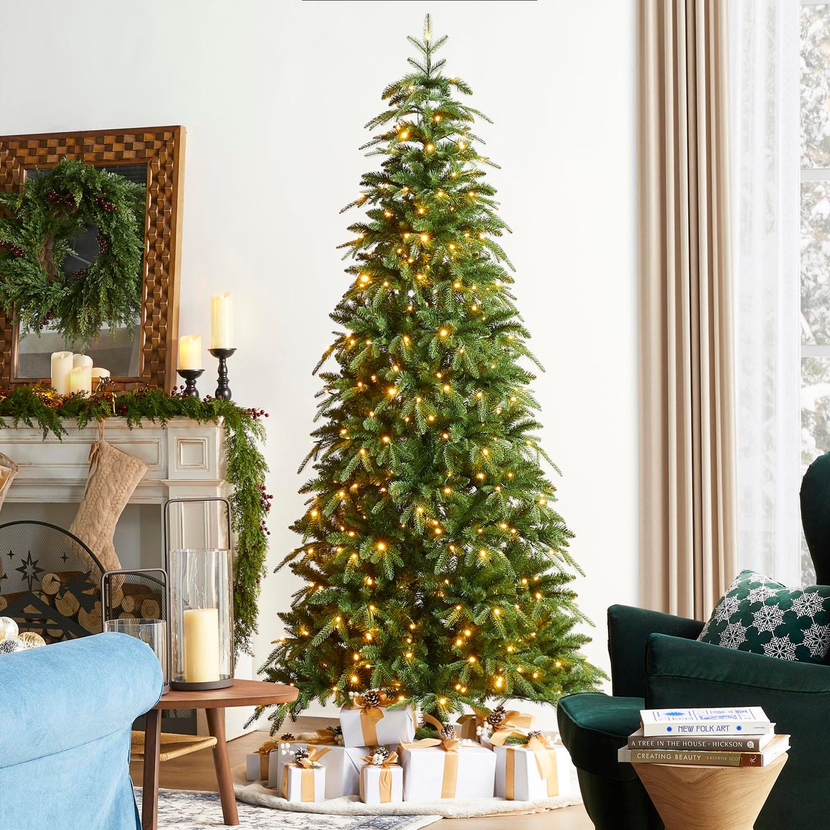 Glitzhome 15ft Prelit Artificial Christmas Tree, Vibrant Evergreen Fir with 5,000 Warm White/Multi-Color Chasing and Twinkling Lights, 13,459 PE&PVC Branch Tips, 9 Function w/Foot Pedal, Simple Setup