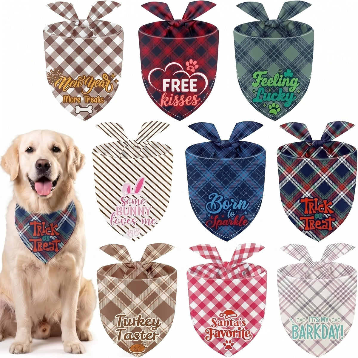 Weewooday 9 Pcs Holiday Dog Bandanas Halloween Trick or Treat Thanksgiving Christmas Bandanas Birthday Scarf Adjustable Large Pet Washable Scarves for Medium Boy Costume Supply