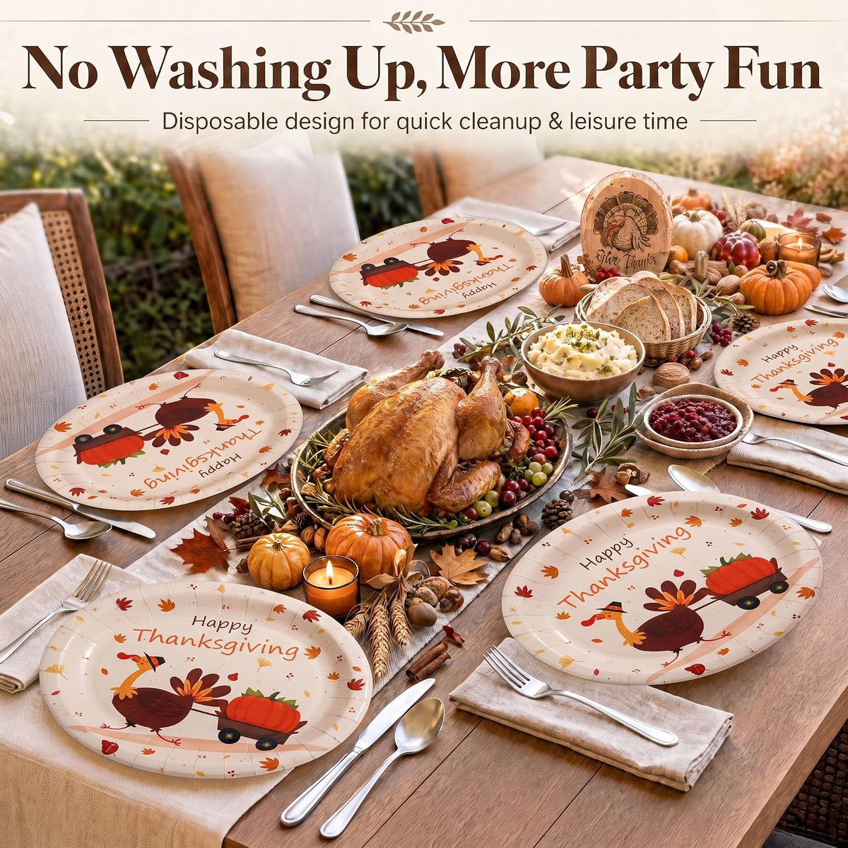 50Pack Thanksgiving Oval Plates Paper - 10" x 12" Happy Thanksgiving Plates Disposable Dinner Supply - Turkey Thankful Pattern