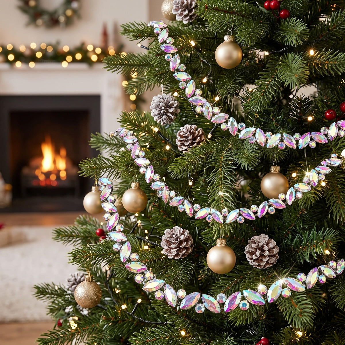 Yookeer 12 ft Silver Crystal Christmas Tree Garlands Rhinestone Ornament